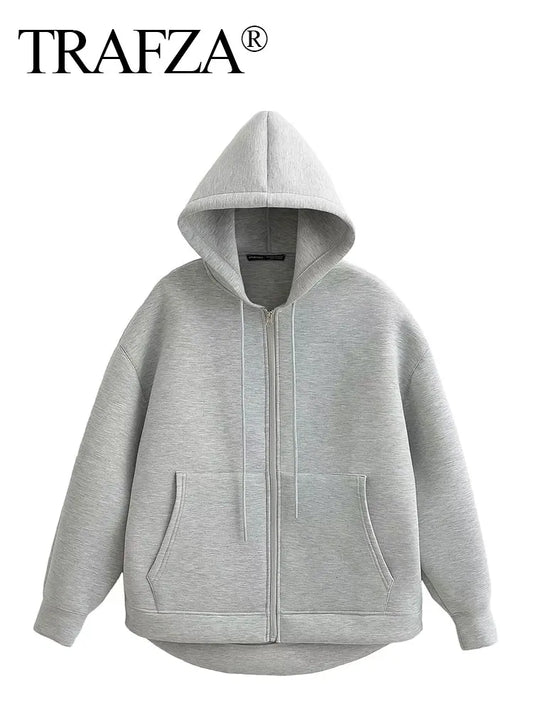 TRAFZA Autumn Women Gray Jacket With Hood Long Sleeve Big Pocket Zipper Jacket Coat Woman Loose Casual Outerwear Coat Tops-belleandkai.com