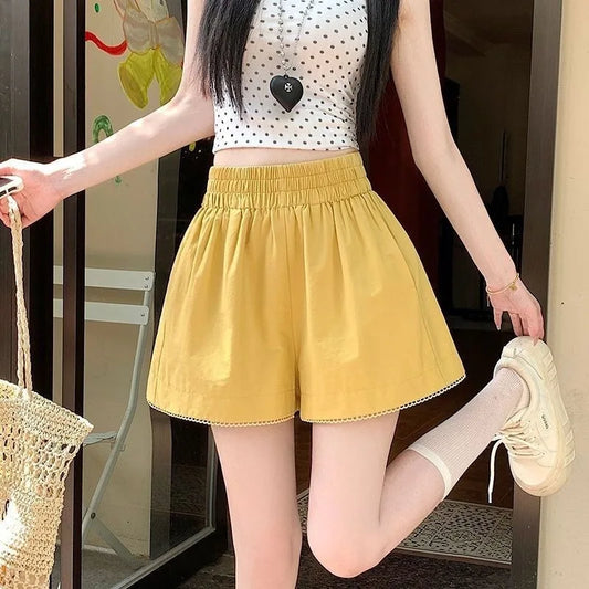 Large Size Lace Patchwork Casual Shorts Women Summer Simplicity Office Lady Solid Color Wide Leg Fashion All-match Straight-belleandkai.com