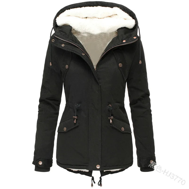 Women's Winter Jacket Warm Solid Plush Thickened Long Winter Coat Outdoor Hiking Hooded Casual Windproof Parka Coat Overcoat-belleandkai.com