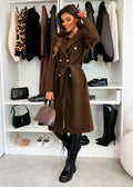 Women's Woolen Coat Autumn Winter Vintage Elegant Double Breasted Trench Coat Women Brown Long Sleeved Midi Windbreaker Jacket-belleandkai.com