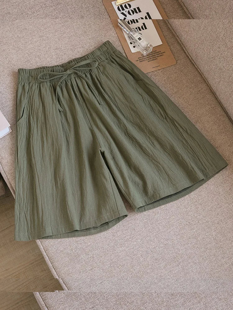 2024 Women Cotton Shorts,Summer Casual Solid Two Pockets shorts high waist loose shorts for girls Soft Cool female shorts-belleandkai.com