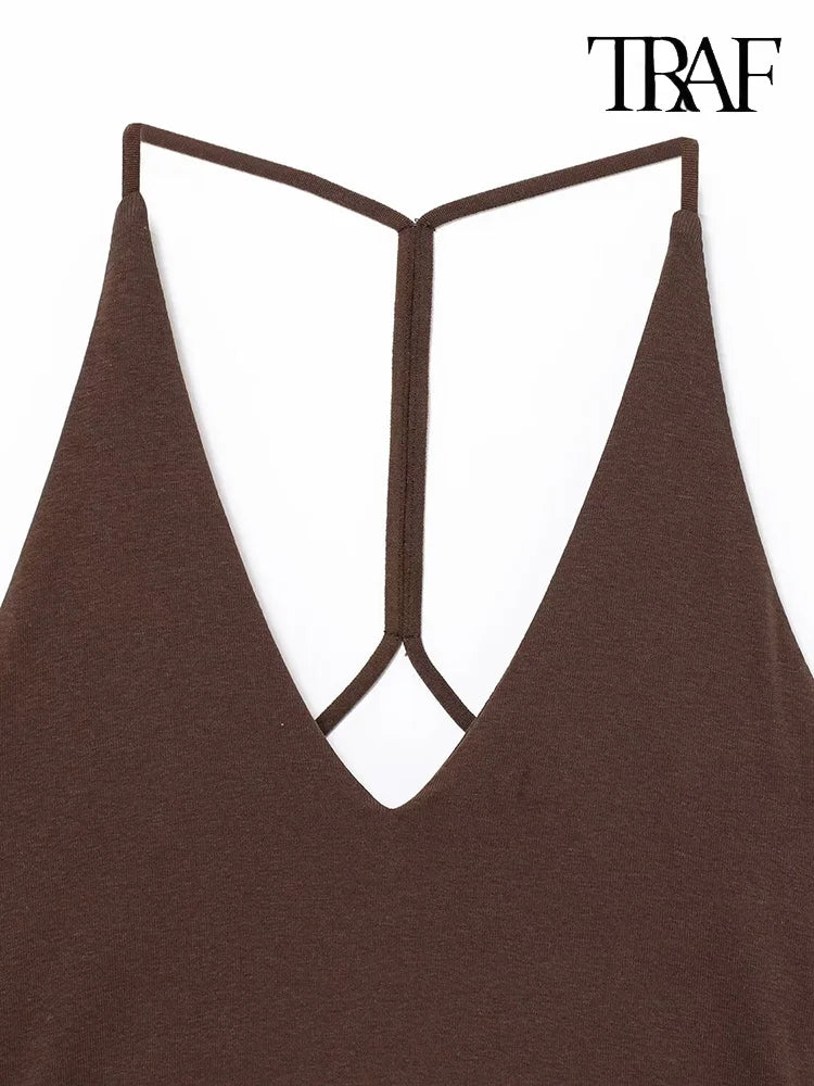 TRAF Women's Deep V-neck Sleeveless Sling Mini Dress Temperament Sexy Splicing Neck Short Backless Dress Elegant Women's Fashion-belleandkai.com