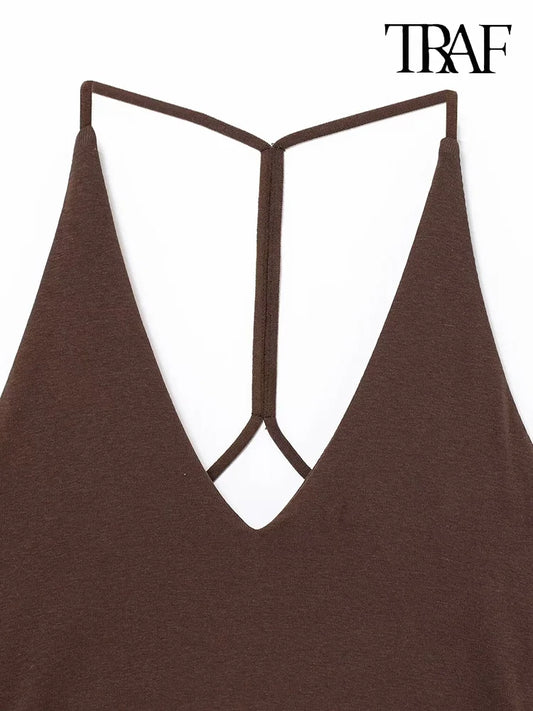 TRAF Women's Deep V-neck Sleeveless Sling Mini Dress Temperament Sexy Splicing Neck Short Backless Dress Elegant Women's Fashion-belleandkai.com
