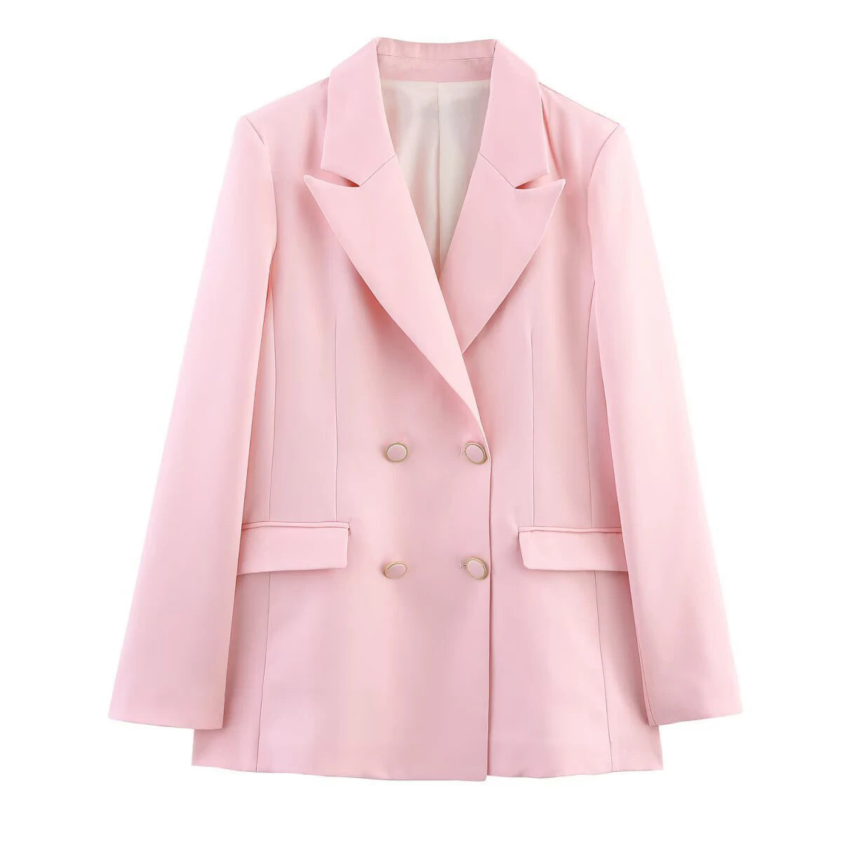 Fashion Yellow Blazer Woman Elegant Chic Pockets Double Buttons Long Sleeve Loose Coat 2025 New spring Office Lady Solid Suits-belleandkai.com