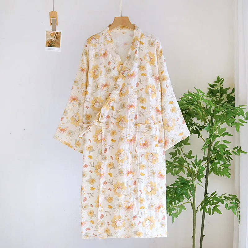 Japanese kimono dressing gown spring and autumn ladies cotton crepe cloth thin summer bathrobe home service sleepwear bath robe-belleandkai.com