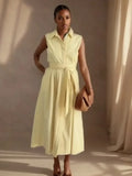 With Belt Midi Dress Elegant Sleeveless Long Summer New Solid Single Breasted Dresses for Women Elegant New Fashion Women Dress-belleandkai.com