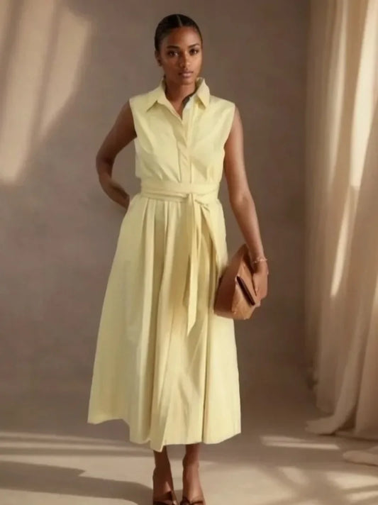 With Belt Midi Dress Elegant Sleeveless Long Summer New Solid Single Breasted Dresses for Women Elegant New Fashion Women Dress-belleandkai.com