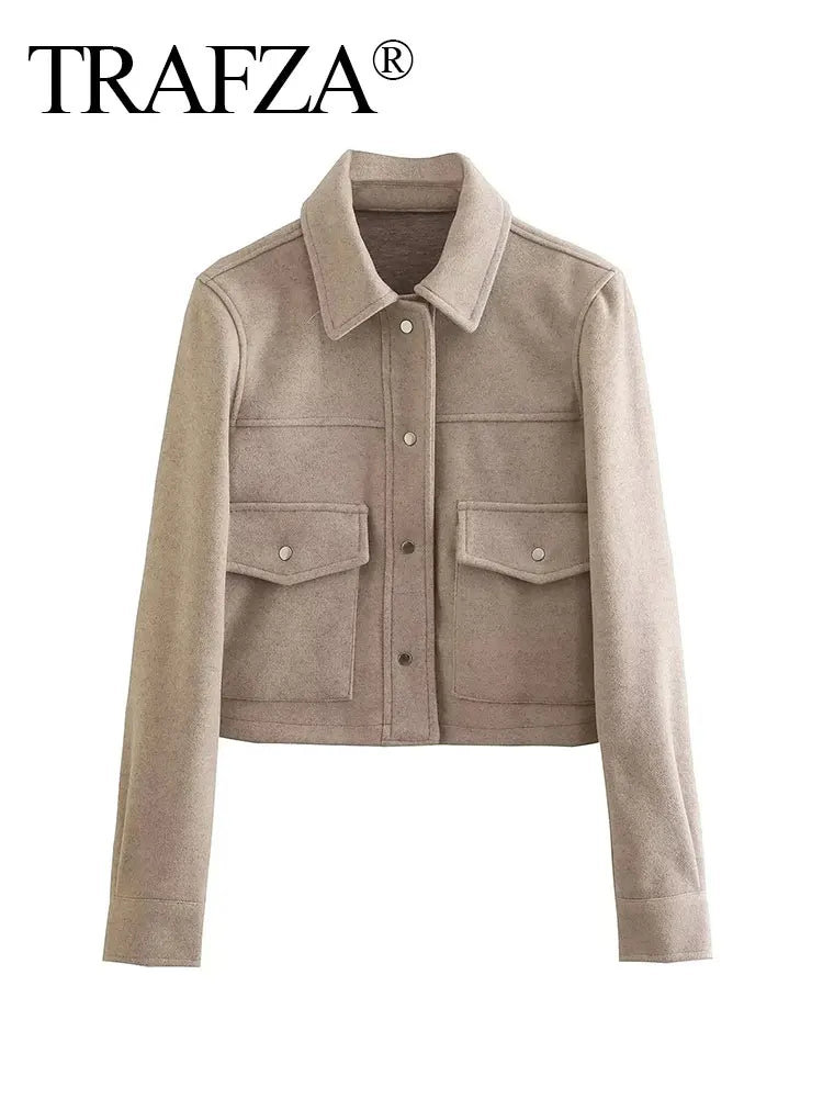 TRAFZA 2024 Autumn Winter Female Street Fashion Solid Jackets Causal With Pockets Button Down Turn Down Collar Elegant Coats-belleandkai.com