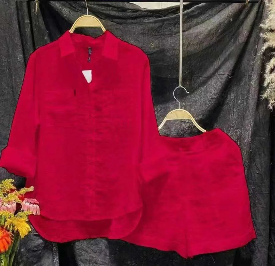 Fashion White Long Sleeve Shirt And Shorts Two Piece Sets Women 2025 Summer Cotton Linen Casual Home 2 Piece Set For Women-belleandkai.com