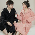 Bathrobe Woman Shower Couple Pyjamas Nightgown Women Homewear Hooded Men Winter Thickened Long Flannel Suit Easy to Clean Black-belleandkai.com