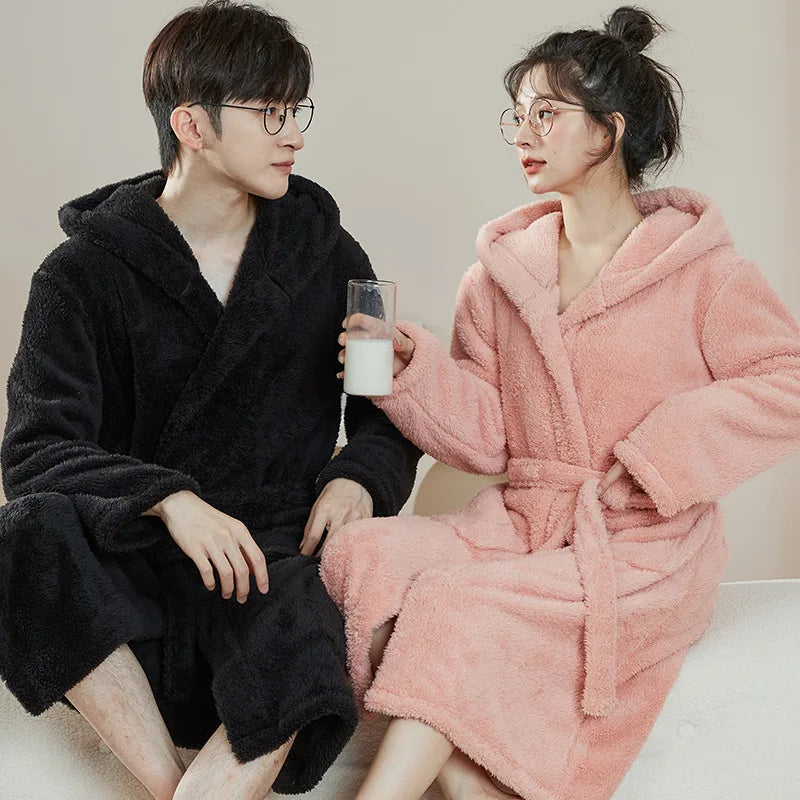 Bathrobe Woman Shower Couple Pyjamas Nightgown Women Homewear Hooded Men Winter Thickened Long Flannel Suit Easy to Clean Black-belleandkai.com