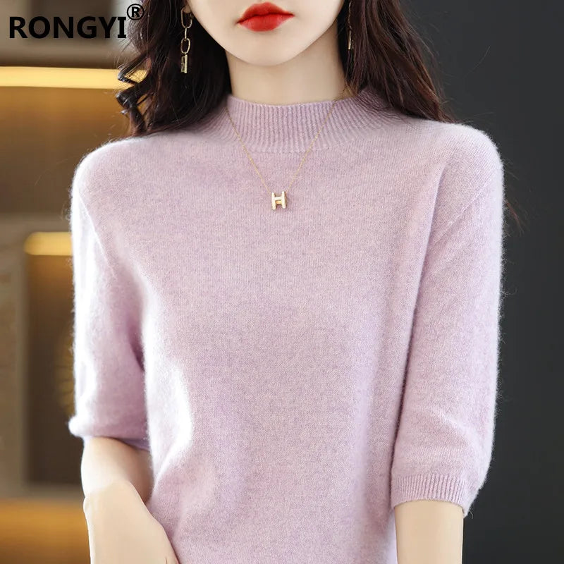 RONGYI Seamless Cashmere Sweater Knitted Women's Clothing 100% Pure Wool Short-Sleeved 2022 Spring Five-Quarter Sleeve  Pullover-belleandkai.com