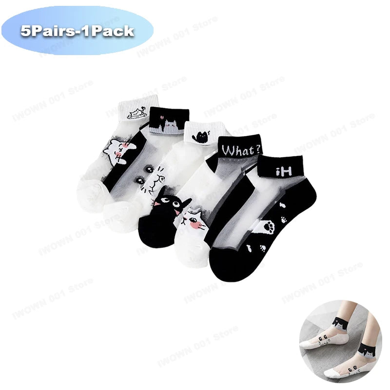 5 Pairs/lot of Womens Slass Filament Fiber Spring and Summer Thin Transparent Black Cat Socks Polyester Breathable Sock Sole-belleandkai.com
