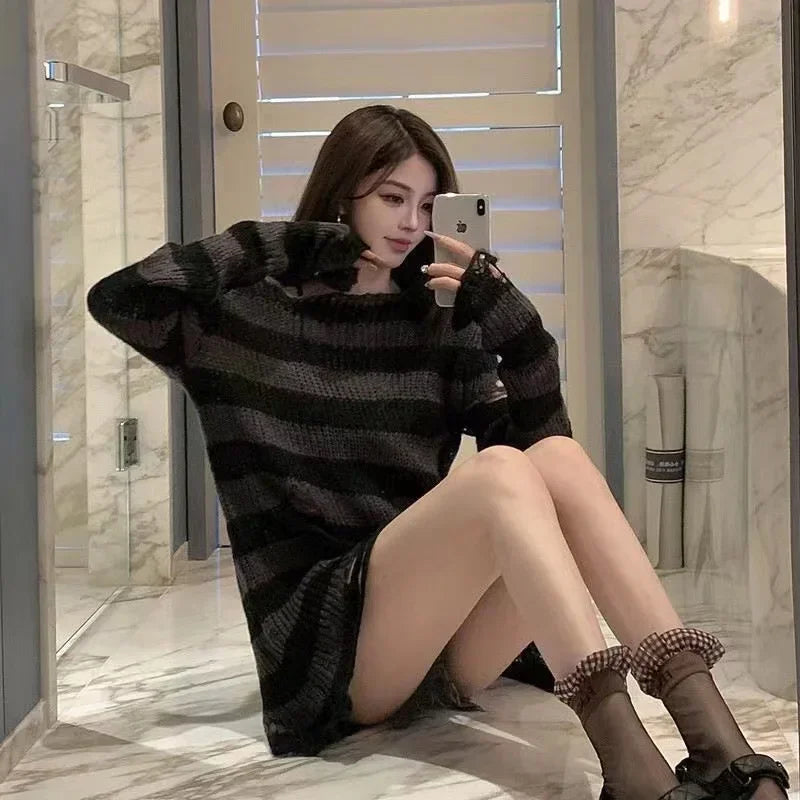 New Autumn Punk Gothic Long Unisex Sweater Women Striped Cool Hollow Out Hole Broken Jumper Loose Rock Thin Dark Streetwear Top-belleandkai.com