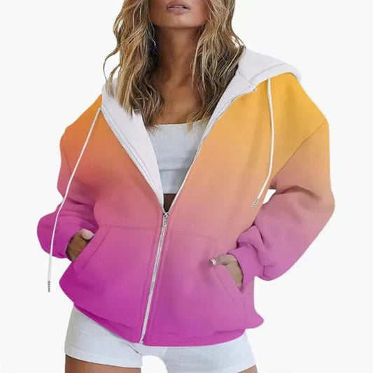 Autumn new gradient 3D digital printed casual long sleeved zipper hooded sweatshirt for women-belleandkai.com