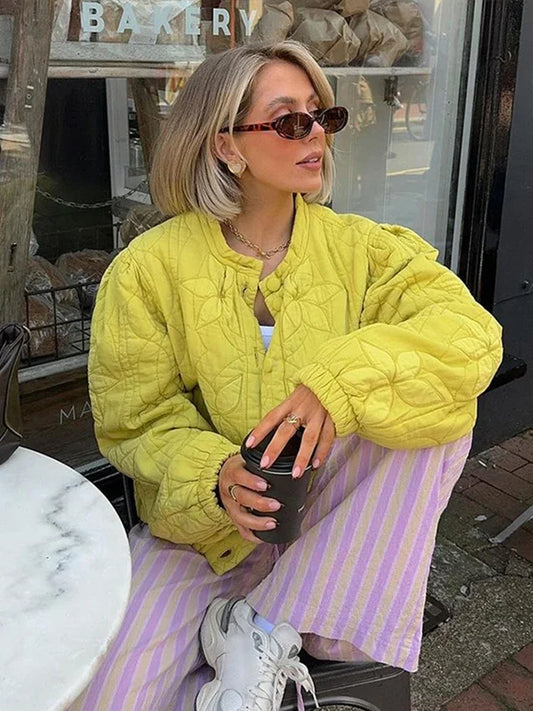 Casual Solid Printed Padded Women Jacket O-neck Full Sleeves Lady Coat 2024 Fashion Autumn Covered Button Female Loose Outwear-belleandkai.com