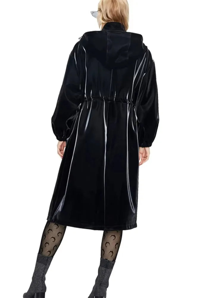 Mauroicardi Spring Waterproof Shiny Reflective Black Hard Patent Faux Leather Coat Women with Detachable Hood Zip Up Streetwear-belleandkai.com