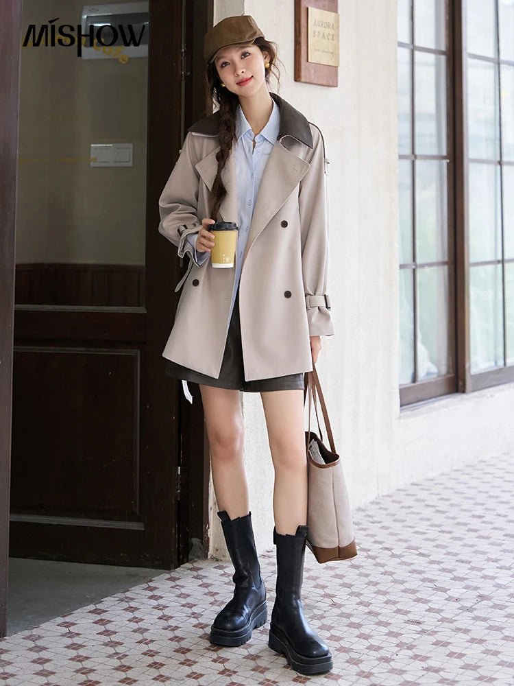 Women's Trench  Detachable Double Layer Leather Collar Solid Loose Double Breasted  A-LINE Coats-belleandkai.com