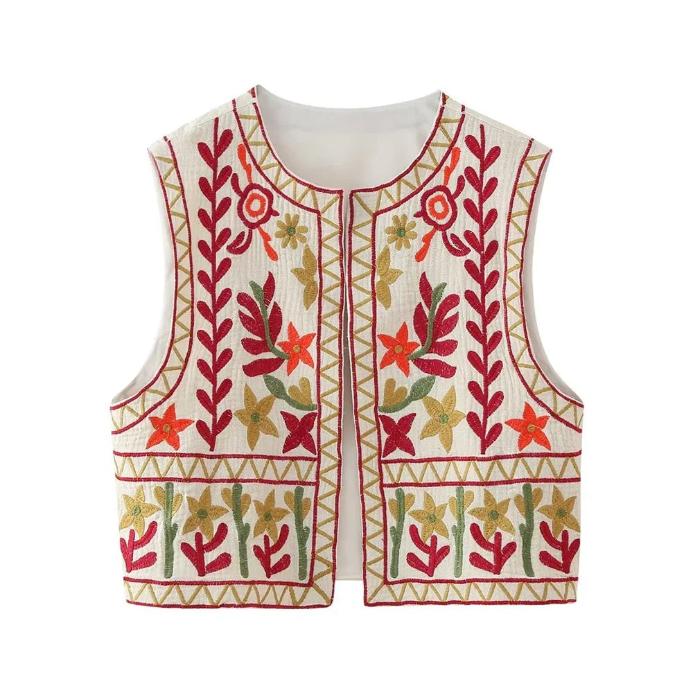 European and American Style 2024 Spring and Summer Women's New Fashionable and Versatile Round Neck Sleeveless Embroidered Vest-belleandkai.com