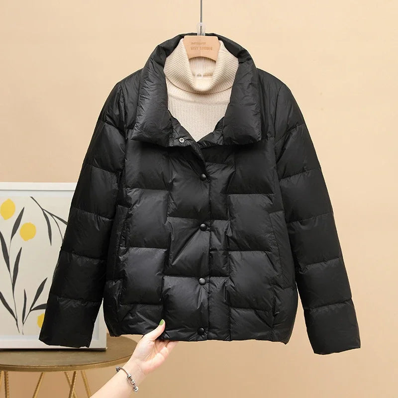 Autumn Winter Down Jacket For Women 2024 Solid Stand Collar Plaid Ultralight White Duck Down Coat Keep Warm Puffer Jacket Female-belleandkai.com