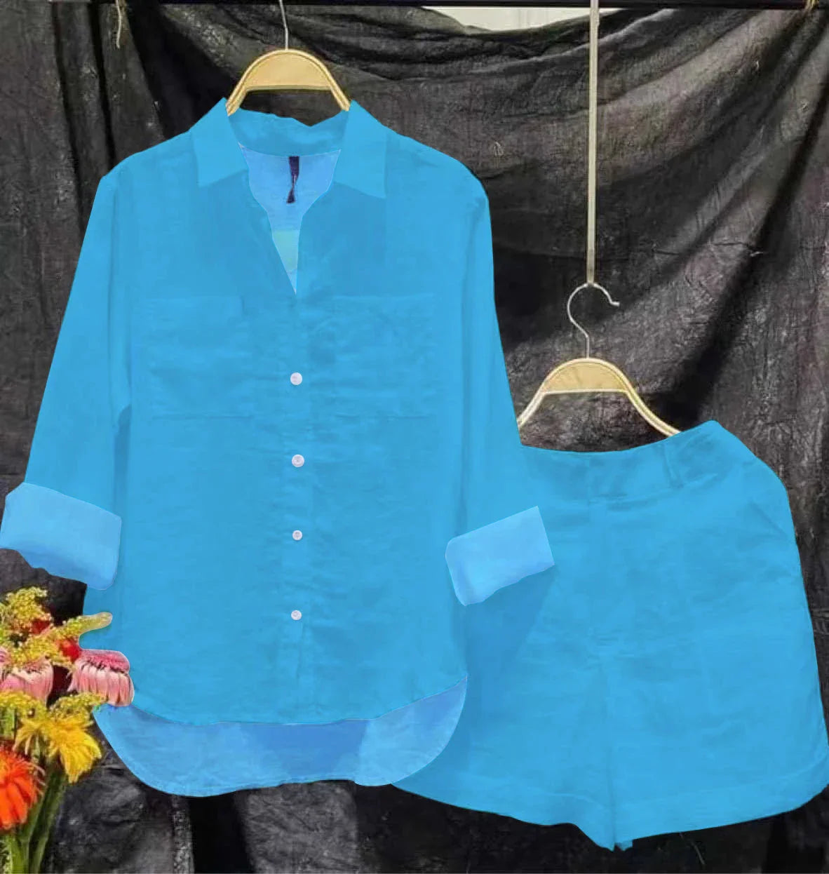 Fashion White Long Sleeve Shirt And Shorts Two Piece Sets Women 2025 Summer Cotton Linen Casual Home 2 Piece Set For Women-belleandkai.com