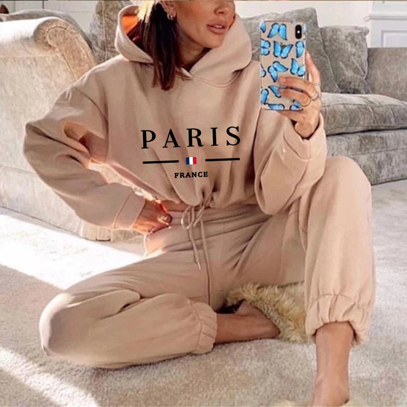 2025 Women Tracksuit Jogging Autumn Hooded Drawstring Short Sweatshirt Suit Daily Simplicity Casual Sportswear Printing Clothing-belleandkai.com