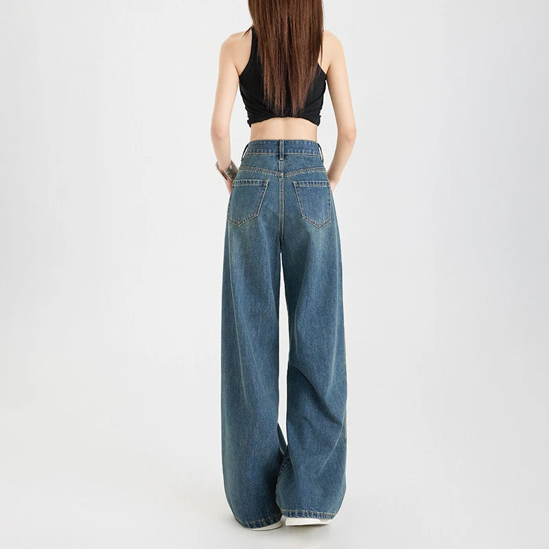 Woman Jeans High Waist Wide Leg Cotton Denim Clothing Design Sense Straight Pant Fashion Comfort White Retro Blue Casual Trouser-belleandkai.com