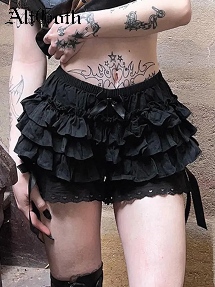 AltGoth Mall Goth Lolita Lace Shorts Women Aesthetic Cute Sweet Bow Patchwork Shorts Y2k E-girl Emo Alternative Kawaii Outfits-belleandkai.com