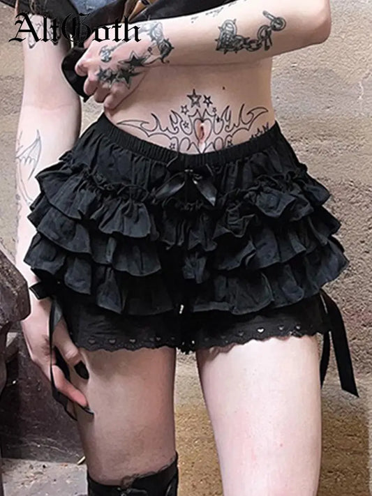 AltGoth Mall Goth Lolita Lace Shorts Women Aesthetic Cute Sweet Bow Patchwork Shorts Y2k E-girl Emo Alternative Kawaii Outfits-belleandkai.com