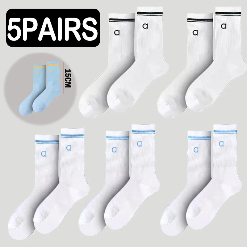 5 Pairs A* Premium Cotton Breathable Comfy Mid-Tube Unisex Socks for Sports Yoga Fitness All Season Pure White Couple Matching-belleandkai.com