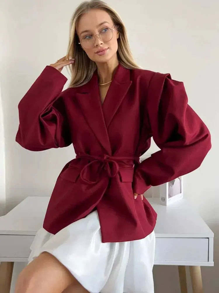 Tossy Elegant Commute Suit jacket Female Lace-Up Loose Pocket Patchwork Lapel Party Looks Outwear For Women Bandage Coat jacket-belleandkai.com