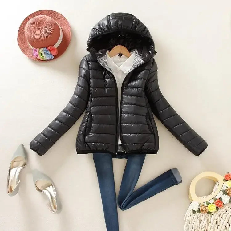 Quilted Padded Yellow Hoodie Short Feather Jackets for Women Lightweight Puffer Thick Padding Cropped Woman Coat Black Cold Hot-belleandkai.com