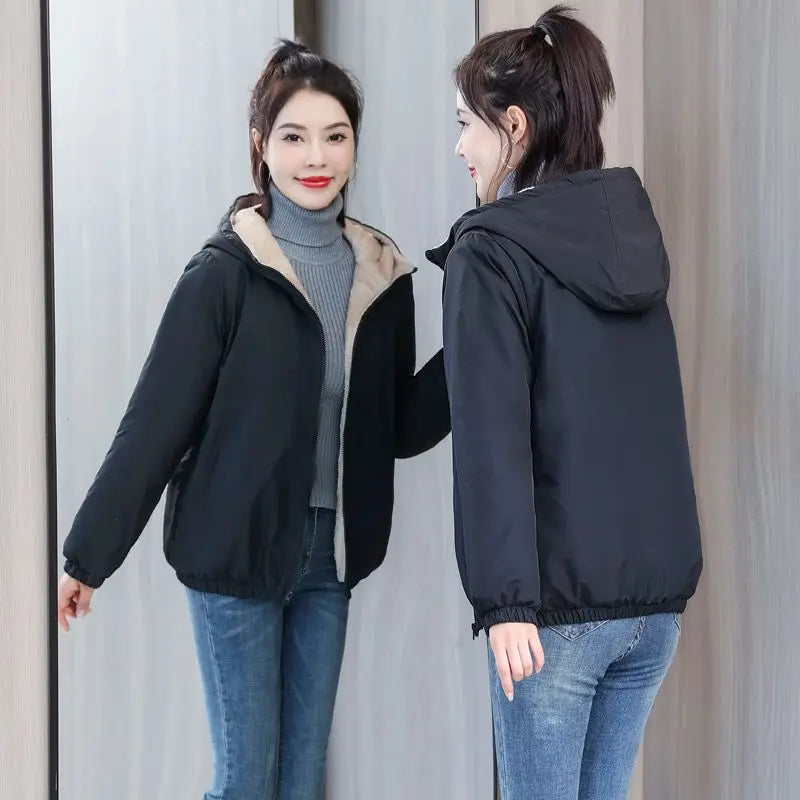 Women's Fleece Coat Winter Warm Thicken Solid Windbreaker Hooded Cotton Plush Hooded Jackets Casual Outdoor Windproof Jacket-belleandkai.com