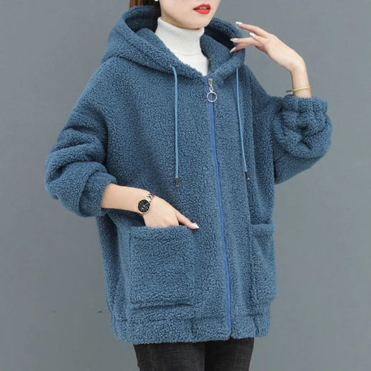 Thicken Plus Velvet Women Sweatshirts Autumn Winter Lamb Fleece Sweater Casual Hoodies Loose All-match Zipper Cardigan Jacket-belleandkai.com