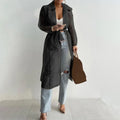 Elegant Shirts Trench Coat for Women Fashion See Through  Lace Up Spring Solid Sheer Mesh Long Sleeve Buttoned Coat with Belt-belleandkai.com