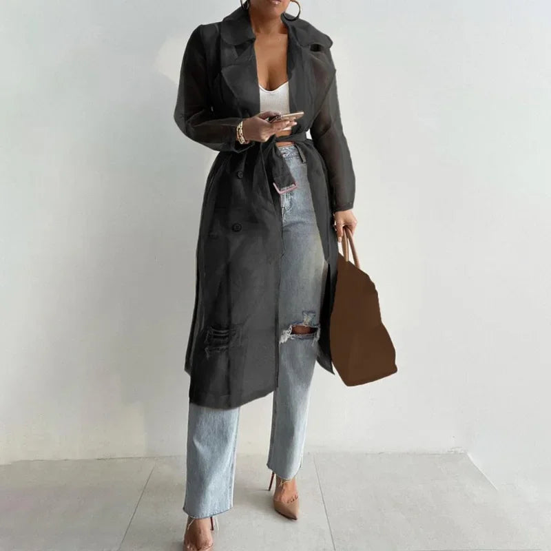 Elegant Shirts Trench Coat for Women Fashion See Through  Lace Up Spring Solid Sheer Mesh Long Sleeve Buttoned Coat with Belt-belleandkai.com