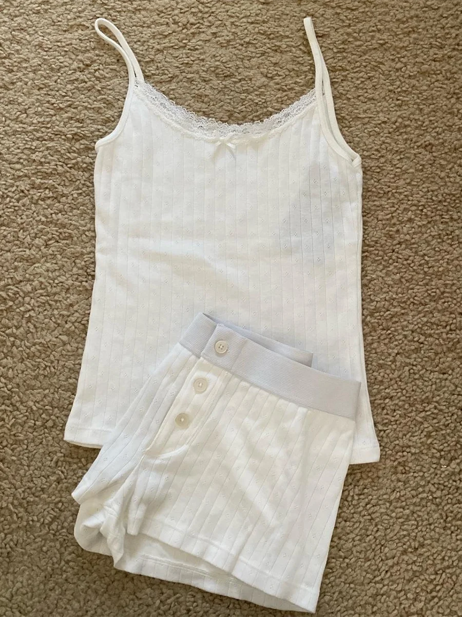 Strawberry Vest Shorts 2 Pieces Set Woman Eyelet Bow Slim Tank Top with Elastic Waist Patchwork Straight Short Pant Sweet Sets-belleandkai.com