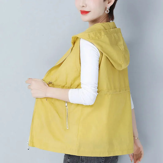 Thin Summer Women's Vest Jacket 2025 New Short Hooded Sleeveless Coat Female Solid color Casual Liner Waistcoat Jackets Tops-belleandkai.com