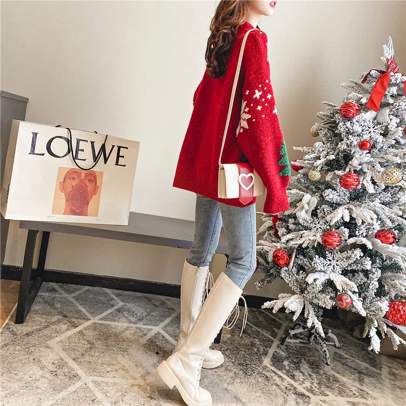 2024 Autumn/Winter New Korean Thickened Color blocked Christmas Sweater Women Hoodie Snowflake Loose Round Neck Lazy Style Tops-belleandkai.com
