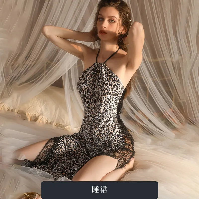 Fashion Leopard Print Neck Hanging Nightgown for Women Sexy Lace Backless Slit Sleepwear Luxury  Nightgown Set   Sexy Nightdress-belleandkai.com