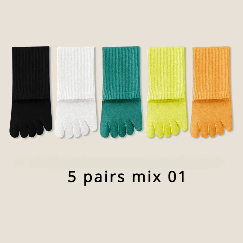 5 or 10 Pairs Women Sports Toe Socks with Separate Fingers High Tube Five Finger Cotton Crew Socks Yoga High Quality-belleandkai.com