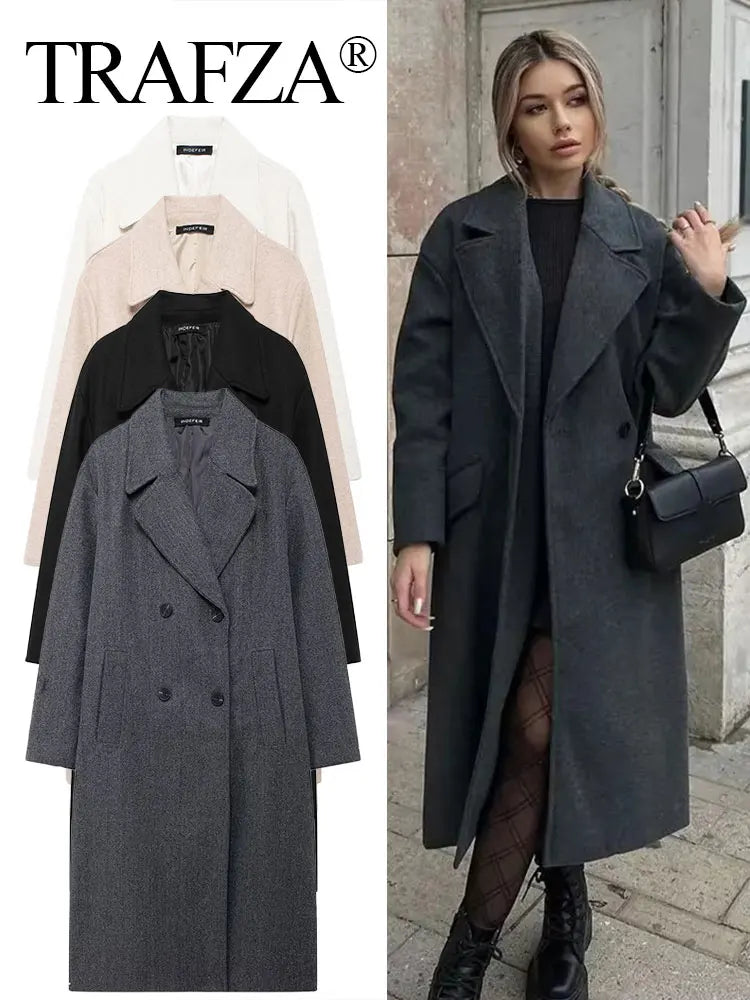 TRAFZA Winter Coat For Women 2024 Solid Lapel Double Breasted Long Cardigan Top Female Pokcet Streetwear Woman New In OuterCoat-belleandkai.com