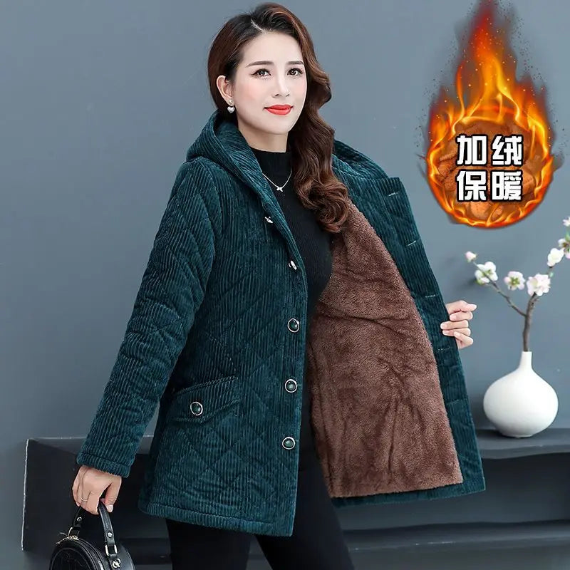 Corduroy Winter Coat Women Puffer Jacket Winter New Korean Style Long Ladies Over-the-knee Cotton Padded Jacket Keep Warm-belleandkai.com