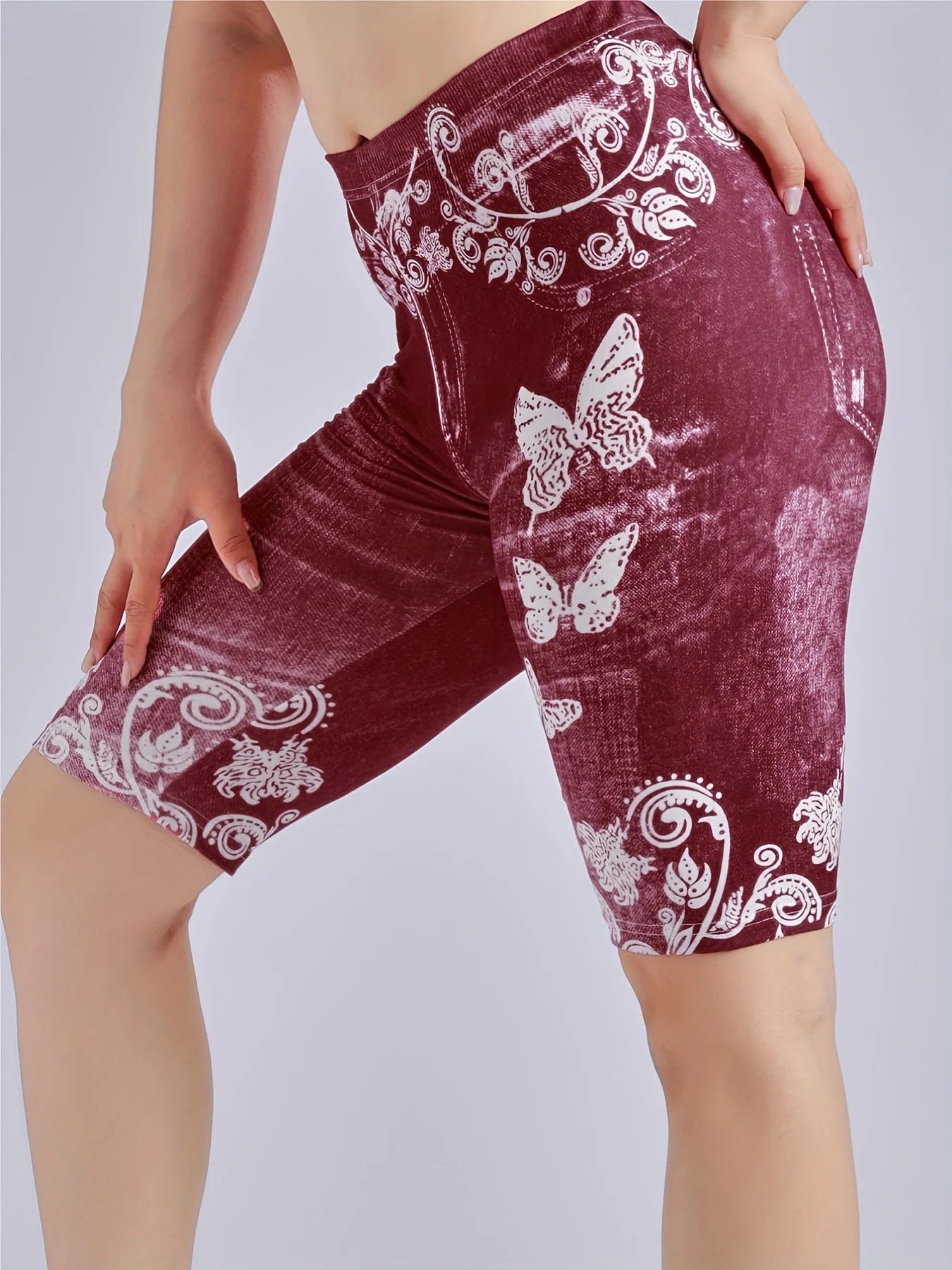 3 Piece Set Of Lmitation Denim Leggings For Women Butterfly Waist Fruit Flower Elastic Shorts High Waist Casual-belleandkai.com