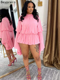 Beyprern New Chic Pink Ruffles Tierred Mesh Romper Cute Girls Batwing Sleeve Ruched Short Jumpsuit Loose Overalls Night Clubwear-belleandkai.com