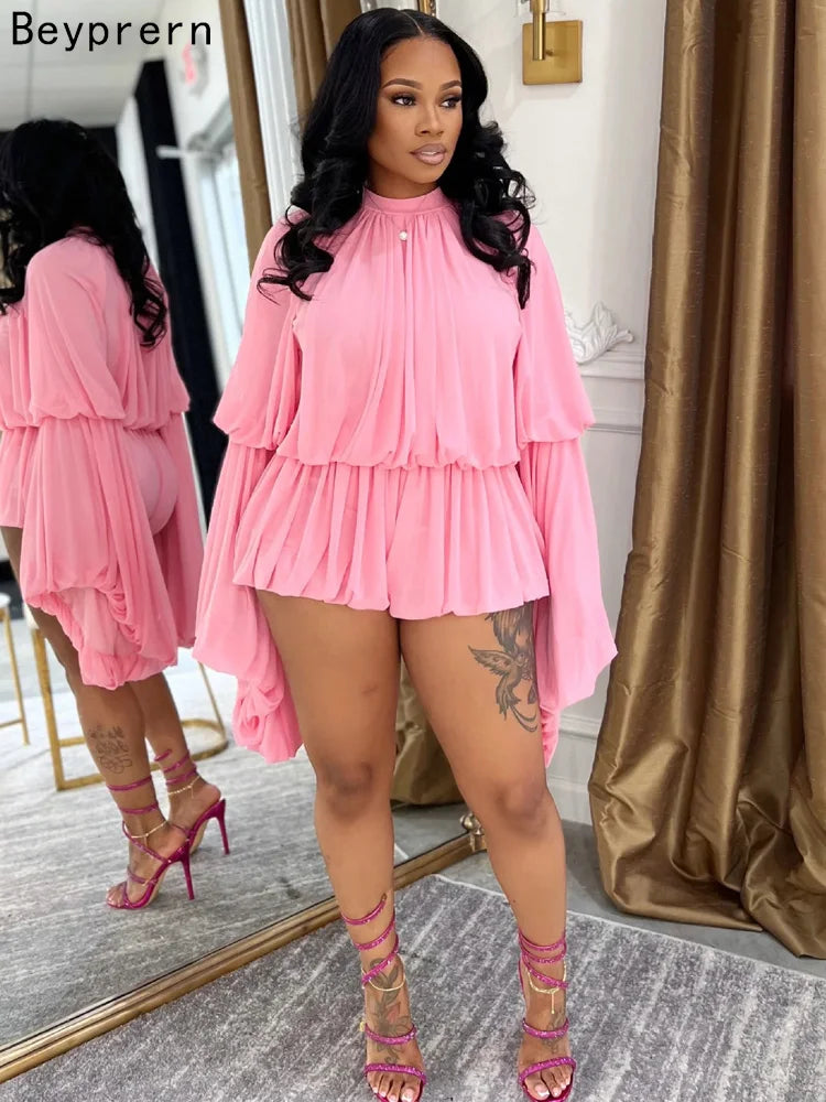 Beyprern New Chic Pink Ruffles Tierred Mesh Romper Cute Girls Batwing Sleeve Ruched Short Jumpsuit Loose Overalls Night Clubwear-belleandkai.com