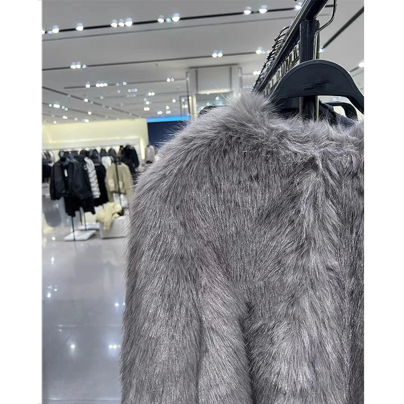 Spring Women's Cardigan Jacket Round Neck Pocket Fur Coat Solid Loose Suede Jacket Streetwear Vintag Outerwear-belleandkai.com