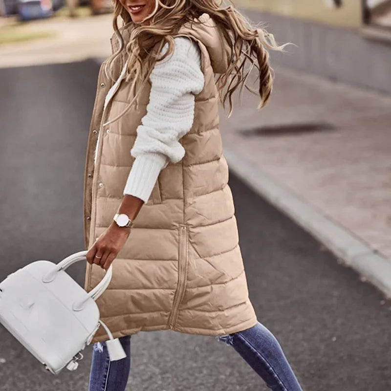 Long with Hood Outdoor Vest Down Women's Jacket Quilted Coat Sleeveless Jacket Winter Light Weight Sweaters-belleandkai.com
