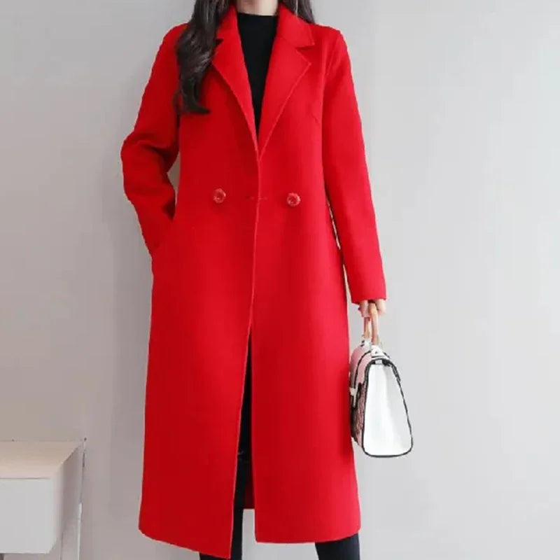 2024 Autumn Winter Women Vintage Coffee Blue Mid-Long Coat Jackets Female Concise Korean Style Loose Outside Thermal Woolen Coat-belleandkai.com
