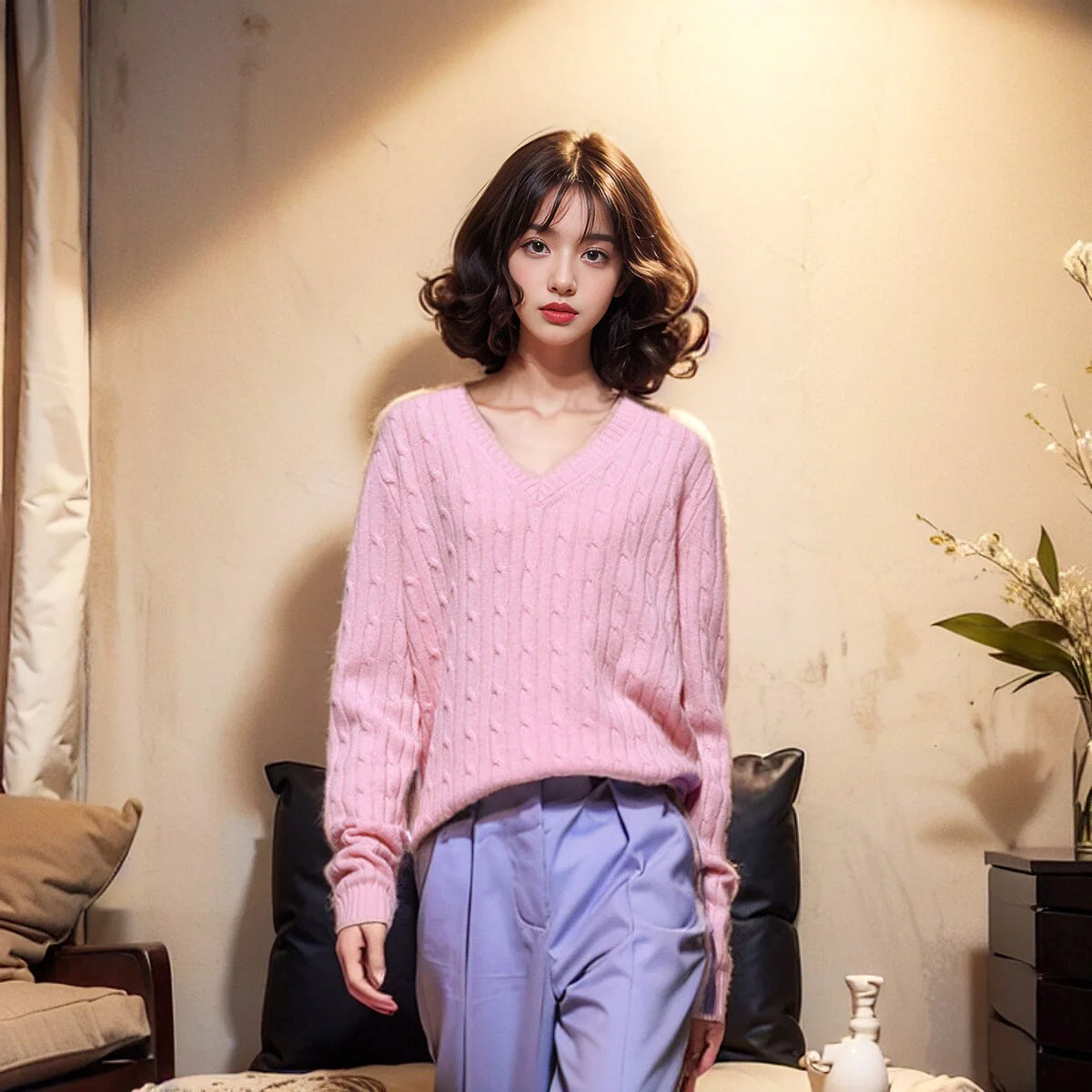 Brandy Mandy Women's V-Neck Long Sleeve Knit Sweater Casual Autumn Top Navy Crop Pullover for Girls-belleandkai.com